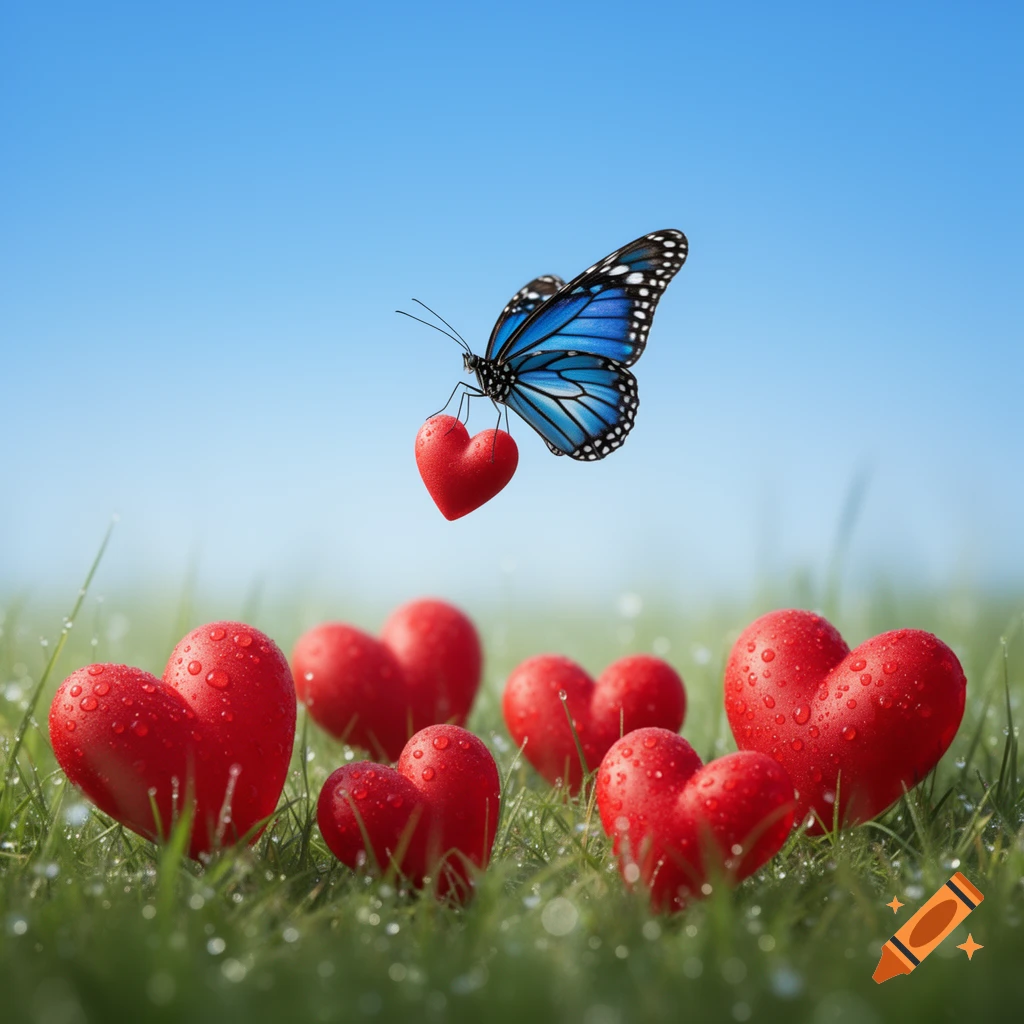 A blue butterfly flies upwards, carrying a red heart, above a field of red hearts and dewdrops on green grass.