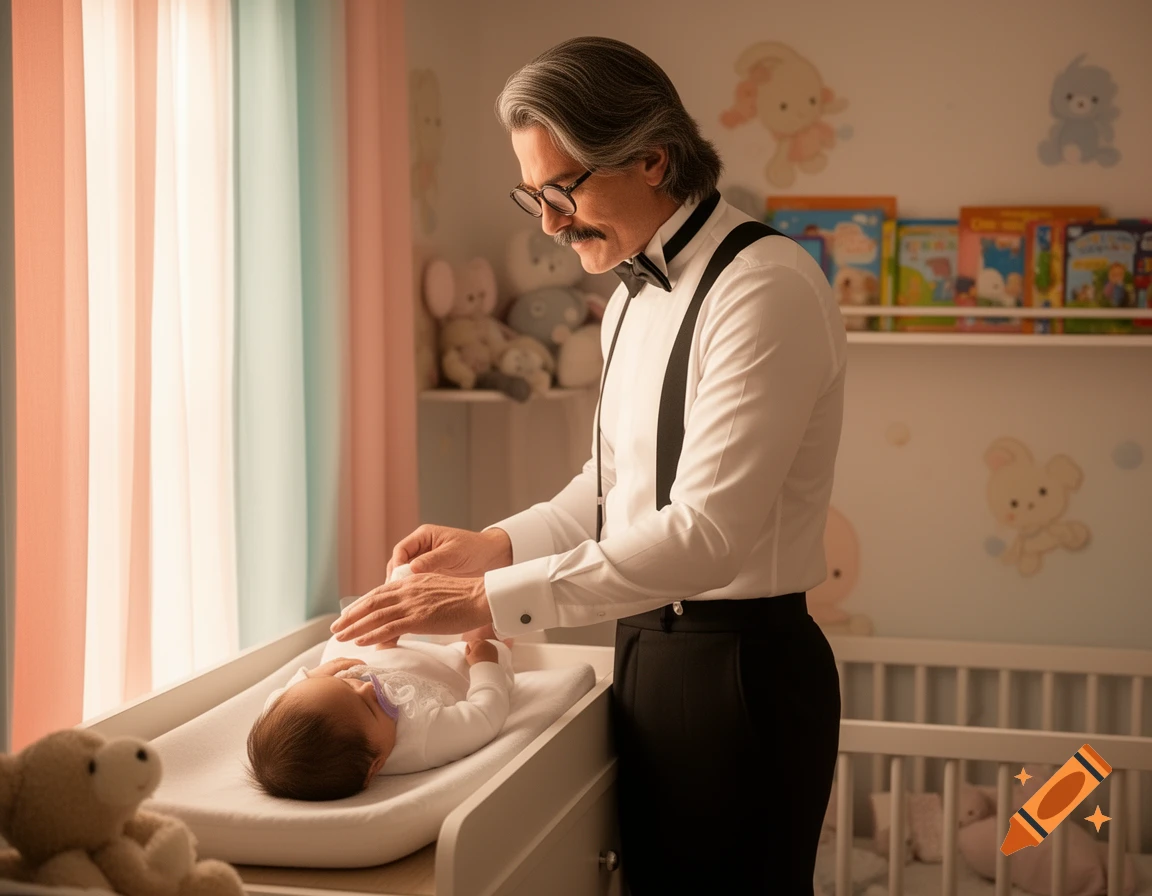 A distinguished man in a white shirt, bow tie, and suspenders gently changes a baby's diaper on a changing table in a brightly lit nursery.