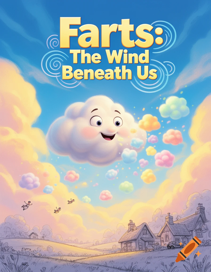 A whimsical Pixar-style movie poster titled "Farts: The Wind Beneath Us" shows a happy cloud character in the sky above a rural landscape.