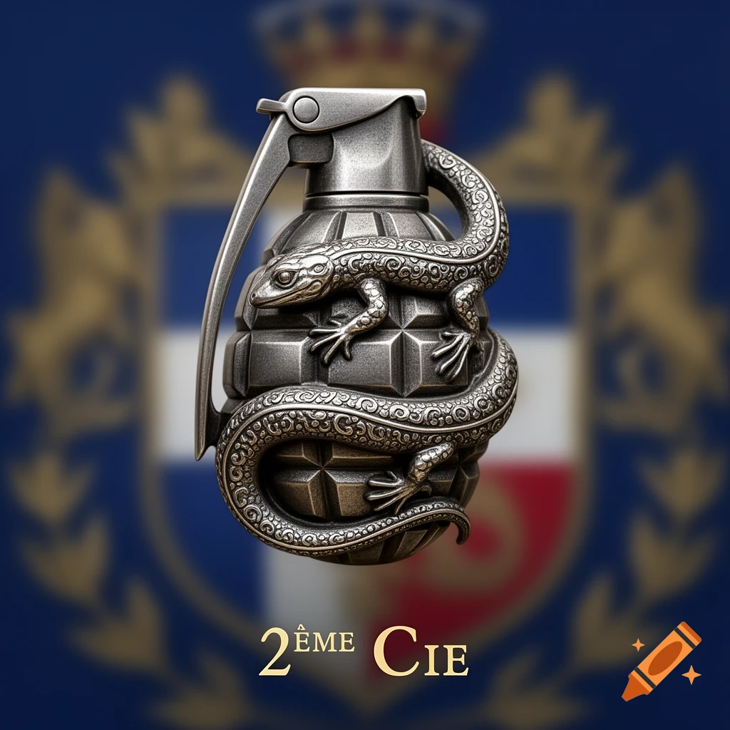 A silver stylized grenade with an intricate salamander wrapped around it, against a blurred blue and gold heraldic background. '2ÈME CIE' at bottom.