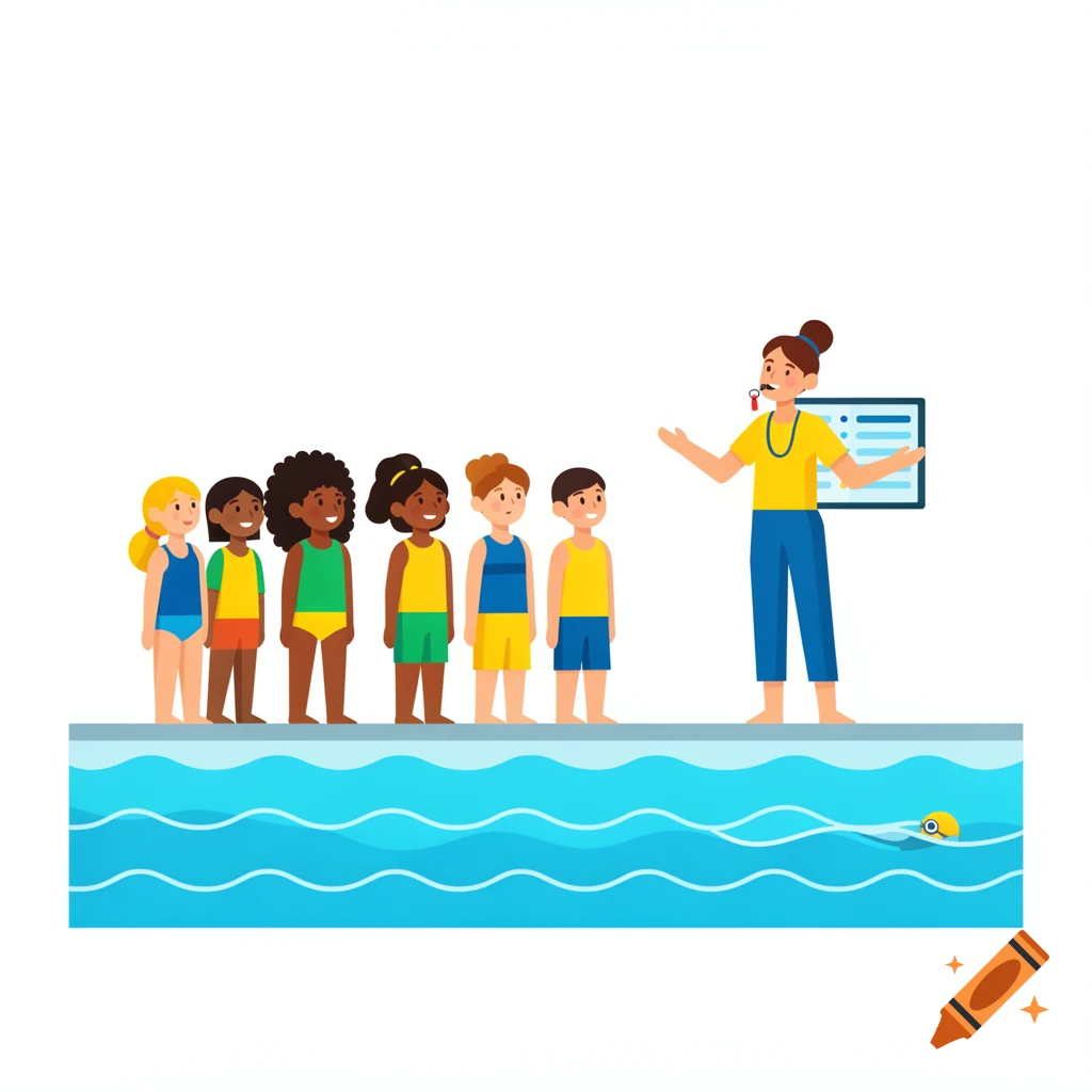 Flat illustration of a swimming instructor teaching children by a pool.