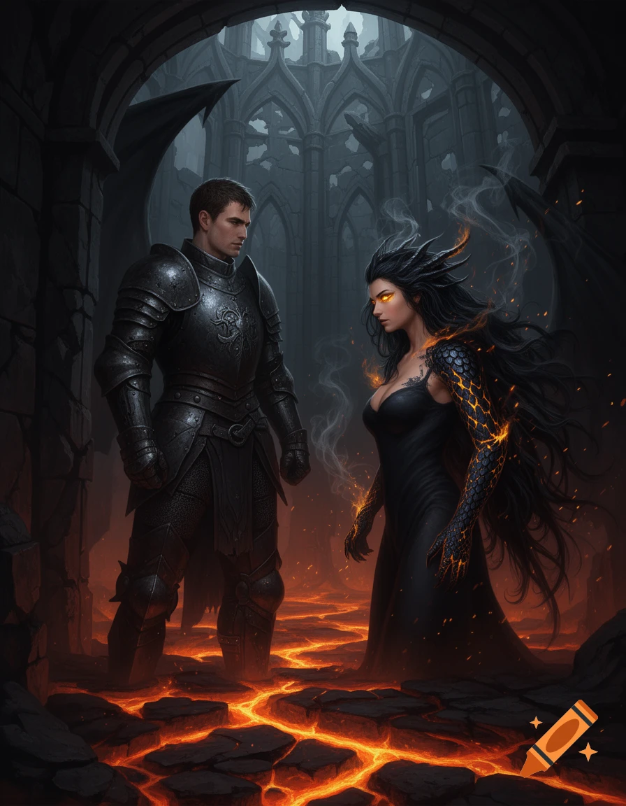 A stoic male knight in dark armor faces a fierce female dragon-shifter with glowing eyes and scaled arms in a crumbling gothic ruin filled with lava.