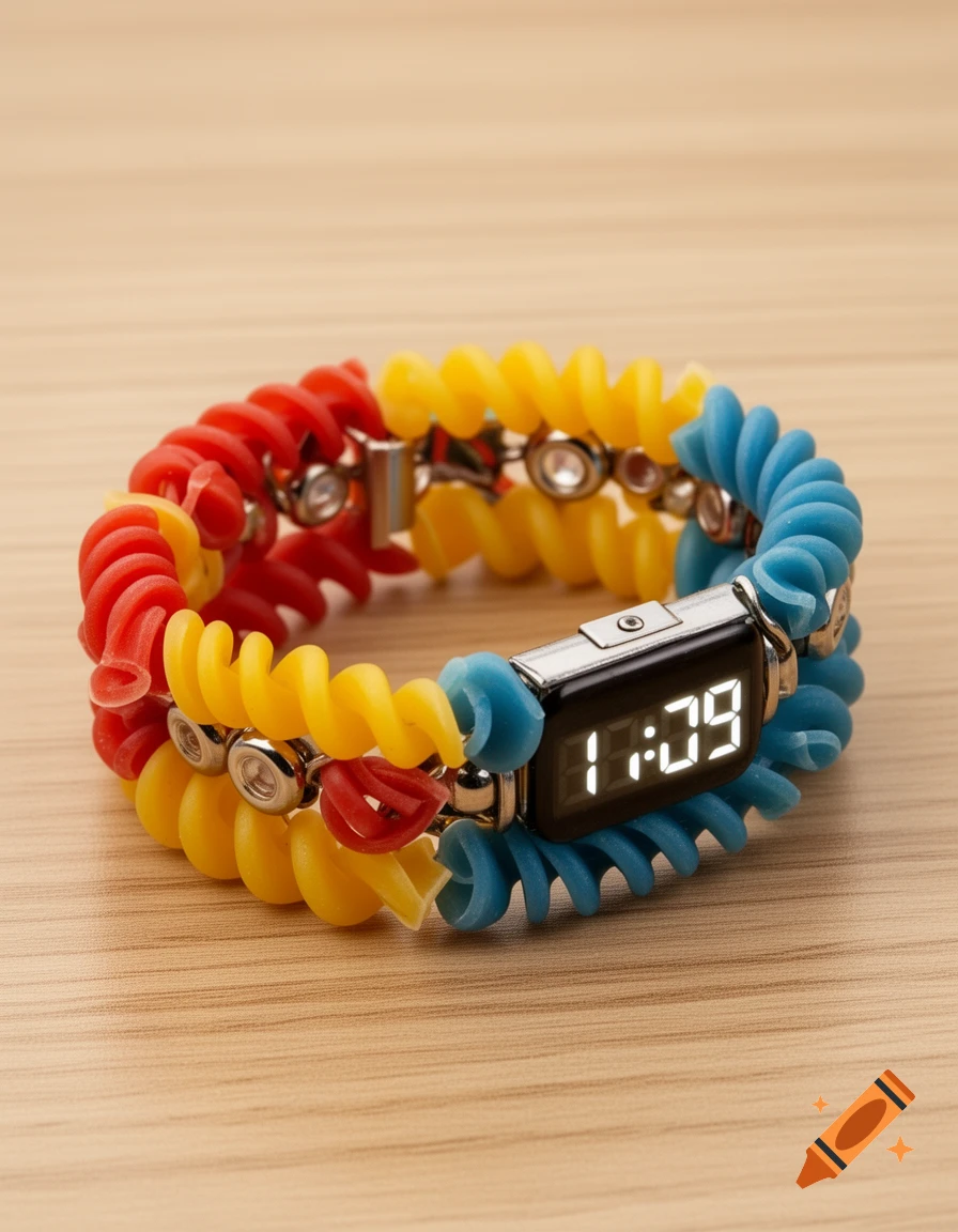 A colorful bracelet made of red, yellow, and blue fusilli pasta with a digital watch face displaying 1:09, resting on a wooden surface.