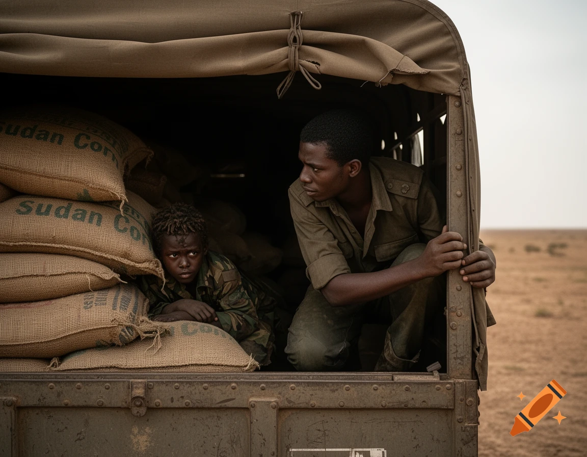 A man and a child hide among sacks of corn in the back of a truck in a barren, sandy landscape. Photorealistic.