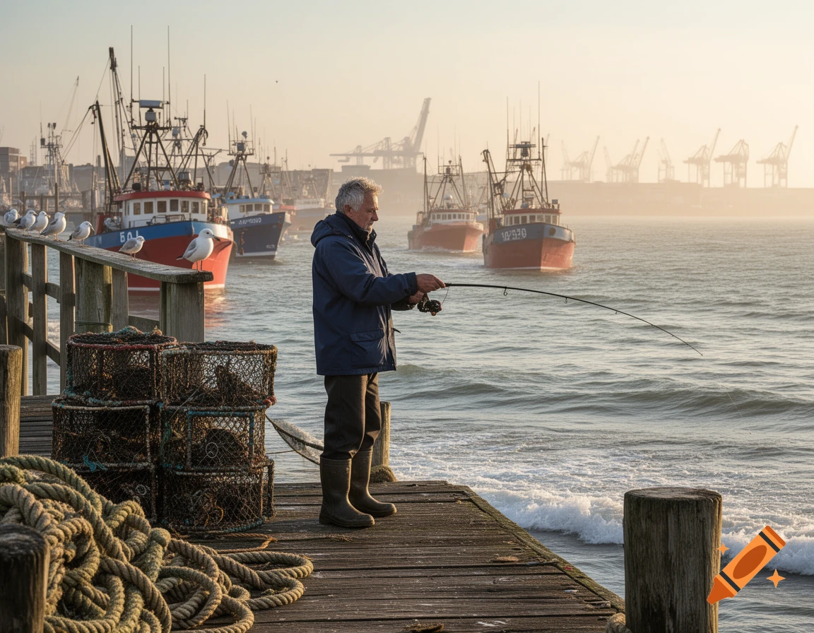 A man fishing from a wooden pier in a busy harbor with several red and blue fishing boats and seagulls in the background.