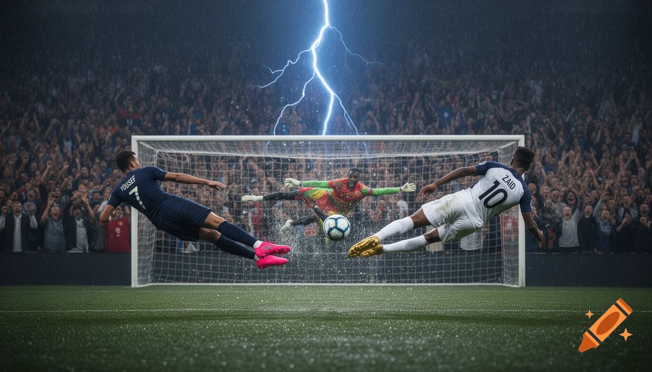 Two football players, Yousef (7) and Zaid (10), fly mid-air kicking a ball past a diving goalie in a rainy, lightning-struck stadium.