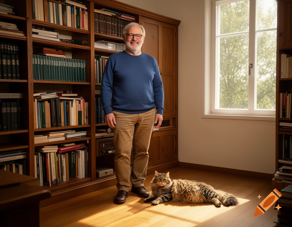 A smiling man in a blue sweater stands by a bookshelf while a tabby cat relaxes on the sunlit floor.