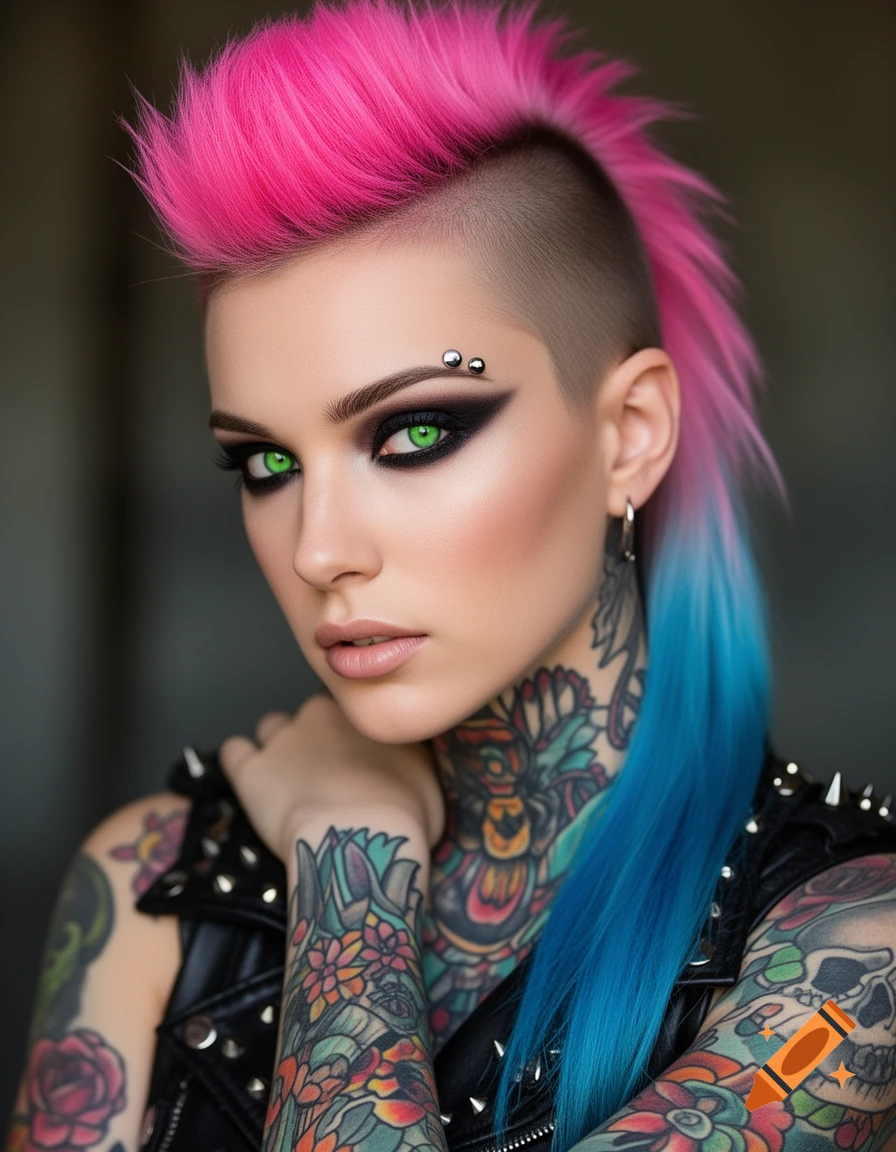 Photorealistic portrait of a woman with a pink and blue mohawk, green eyes, dark makeup, eyebrow piercing, and tattoos, wearing a studded jacket.