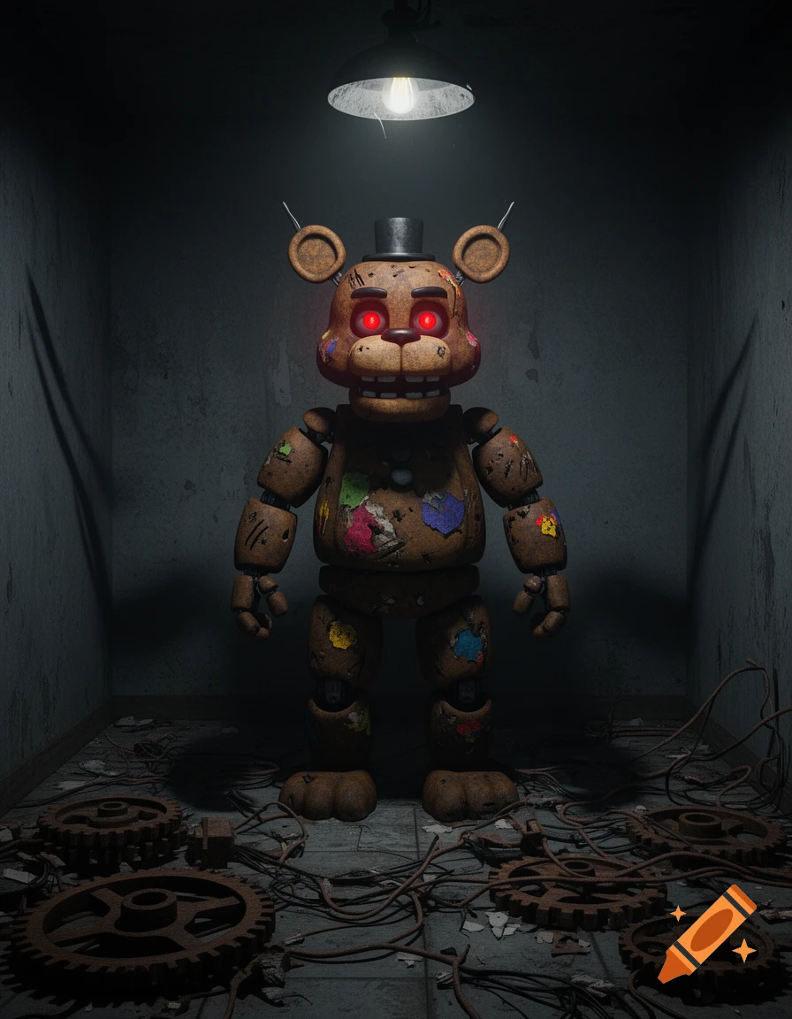 A scary, brown, patched robot with glowing red eyes and a top hat stands in a dark, grimy room with rusty gears and wires on the floor.