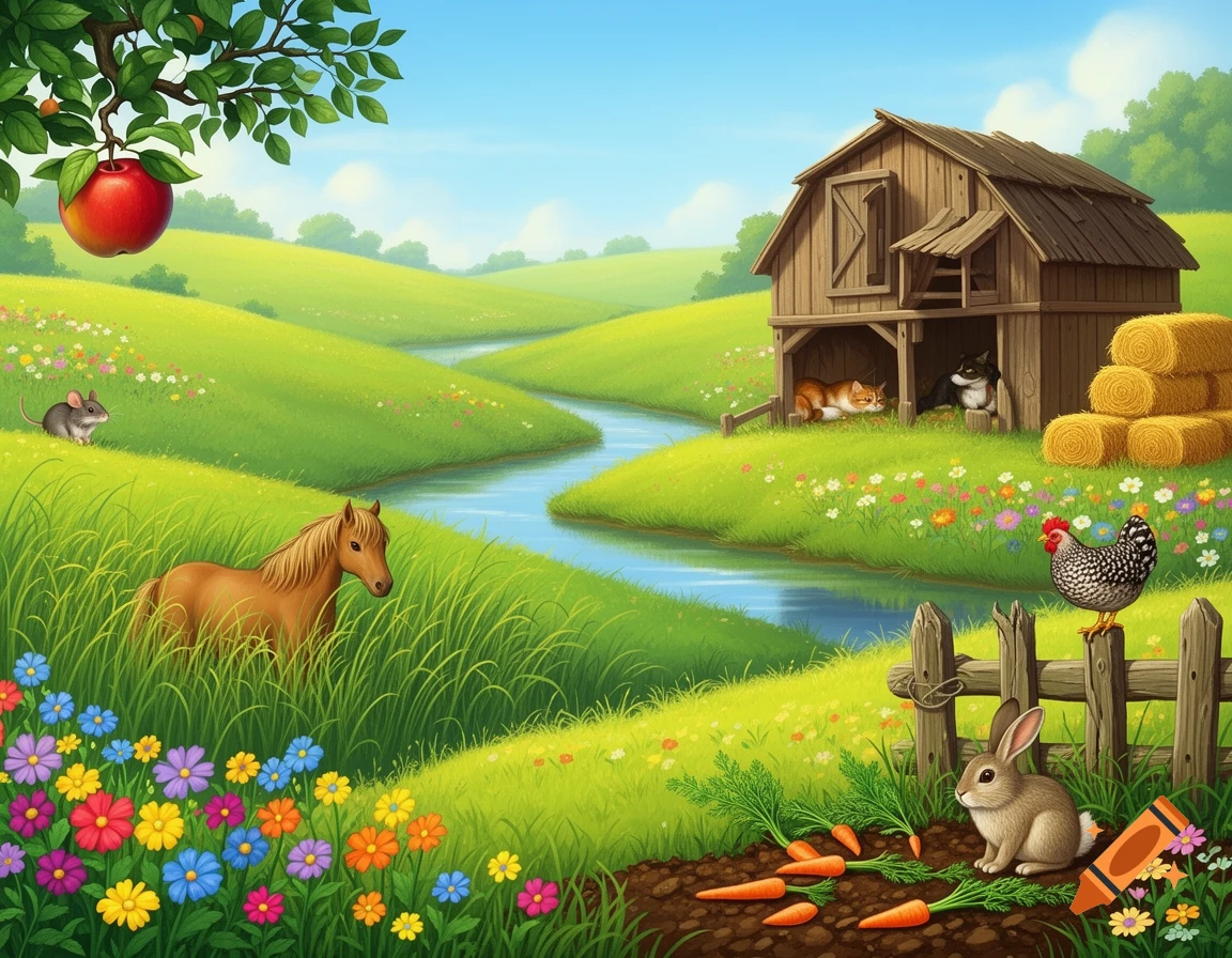 Cartoon farm landscape with a barn, river, apple tree, and animals including a horse, mouse, cats, chicken, and rabbit.