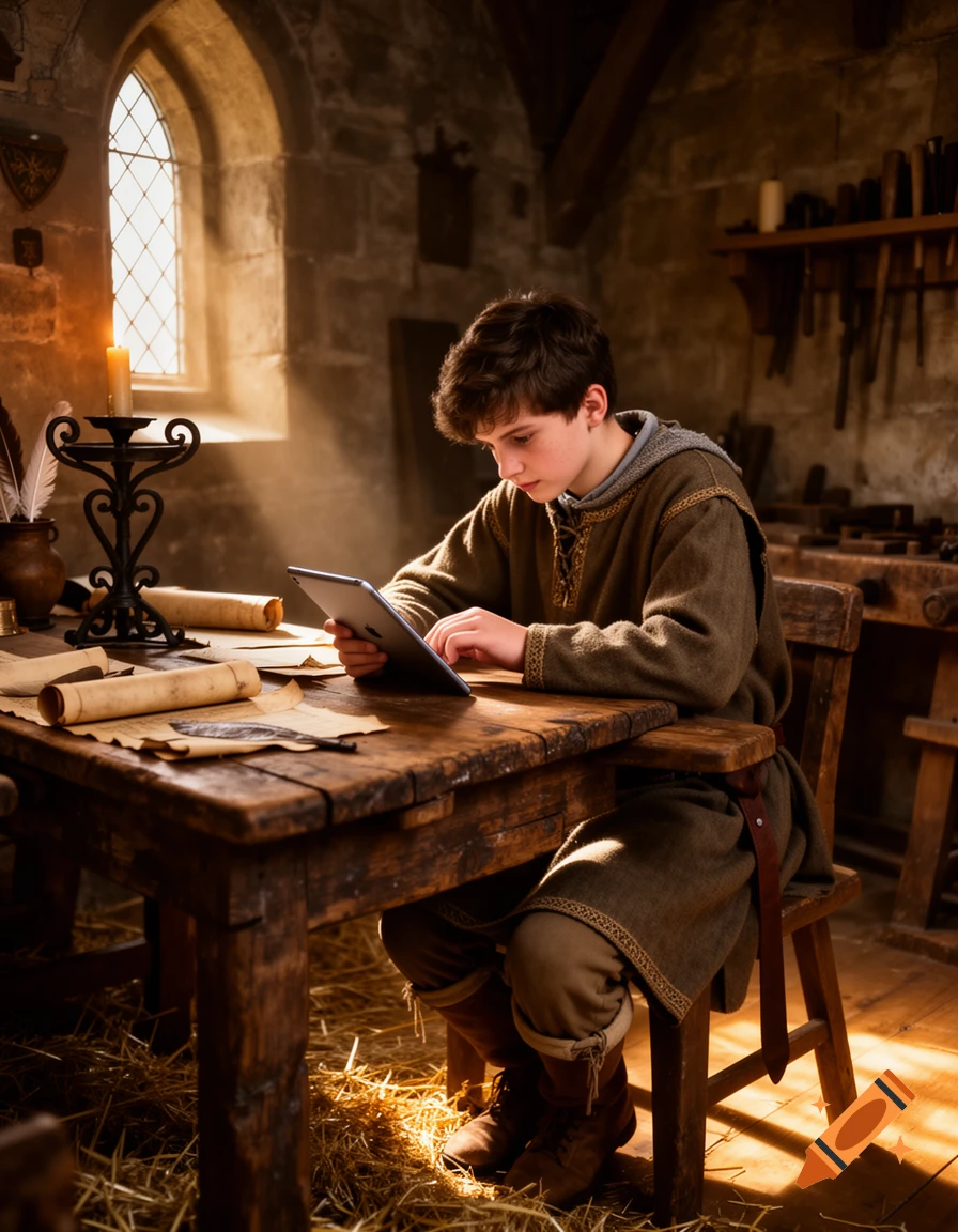 A young student in medieval clothing works on an iPad at a wooden table in a sunlit stone room.