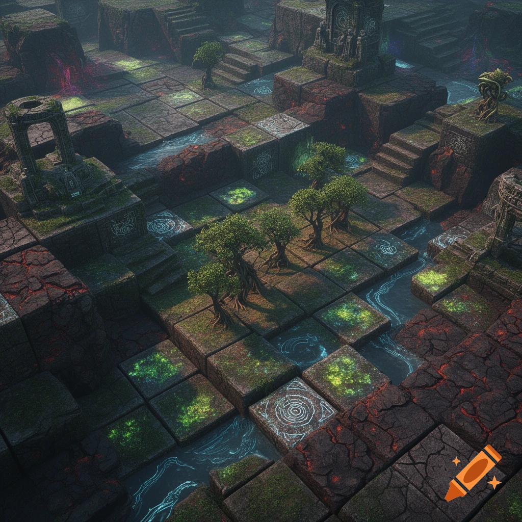 Isometric view of a stylized alien wilderness map made of modular cubic tiles with bioluminescent soil, rivers, ancient ruins, and trees.