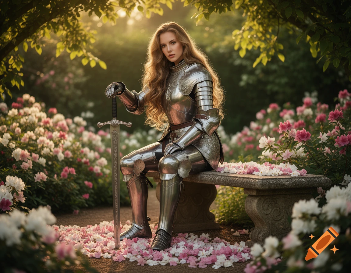 A female knight in shining armor sits on a stone bench in a sunlit garden with pink and white flowers, holding a sword.