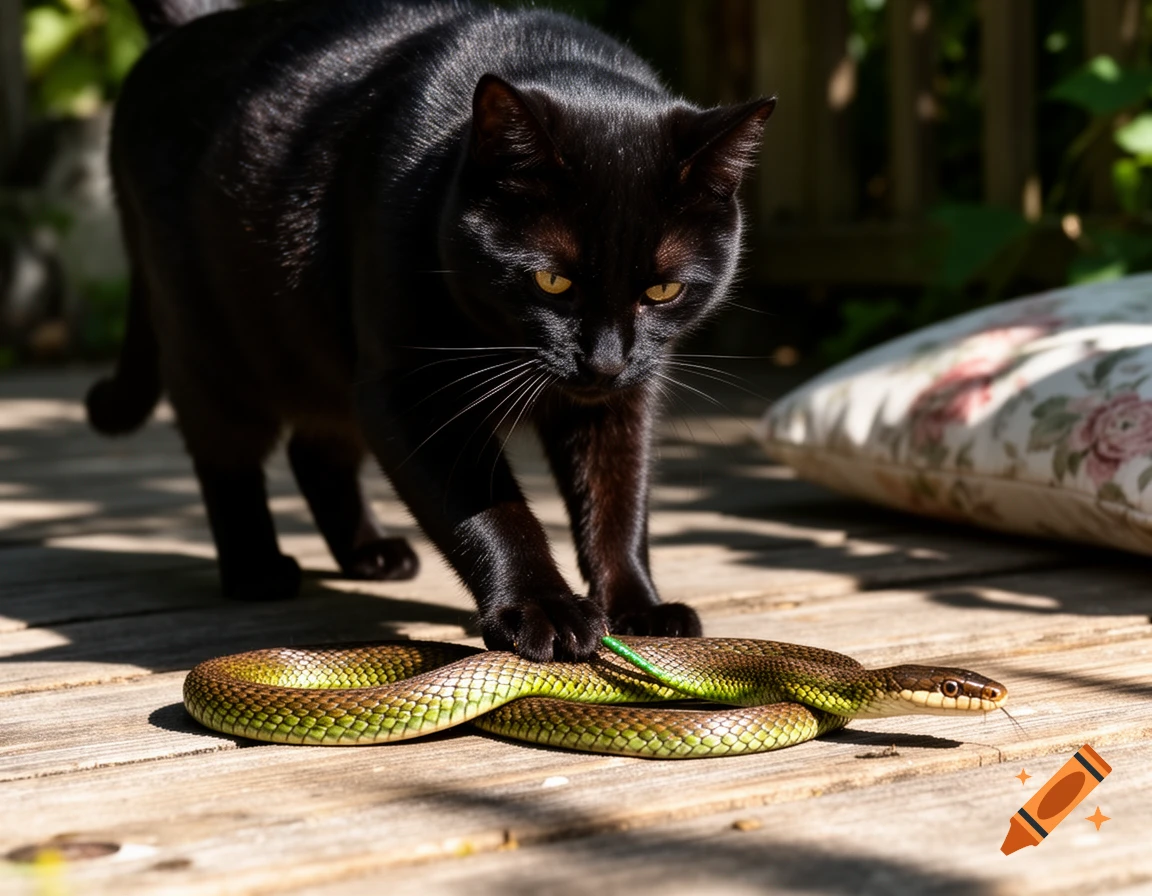 A black cat with glowing yellow eyes paws at a green and brown snake on a sunny wooden deck.