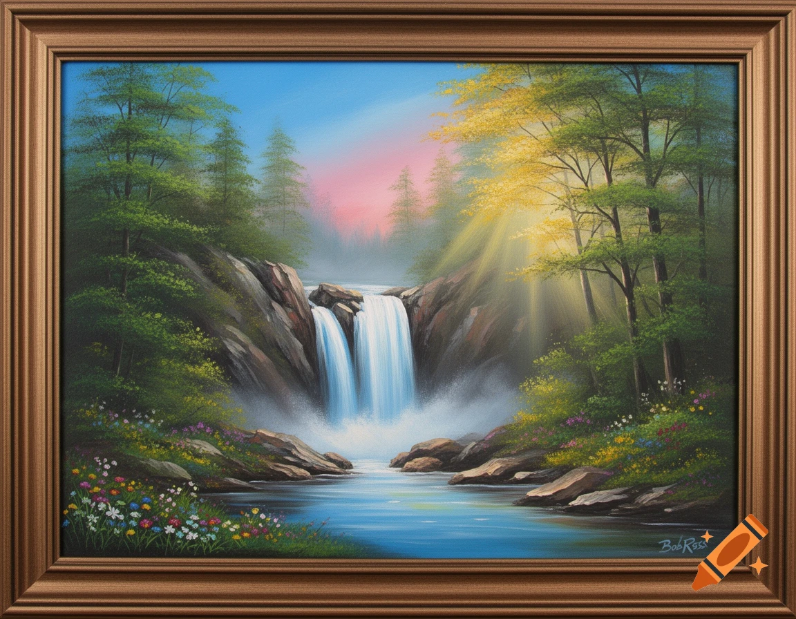 A vibrant Bob Ross style oil painting of a waterfall cascading into a river in a sun-dappled forest with colorful flowers.