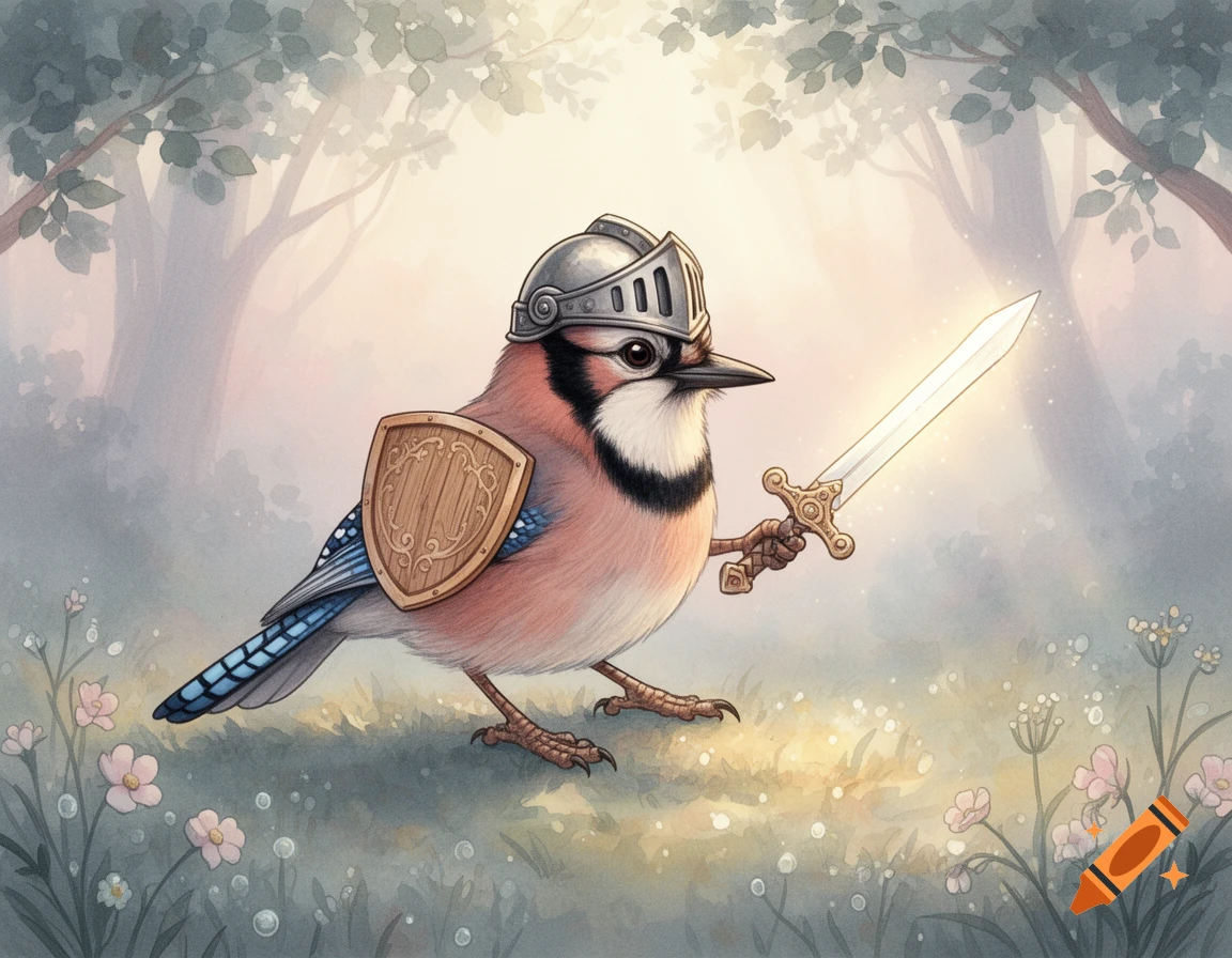 A charming digital watercolor illustration of a cute Eurasian jay bird in a knight's helmet, holding a wooden shield and a glowing sword in a forest.