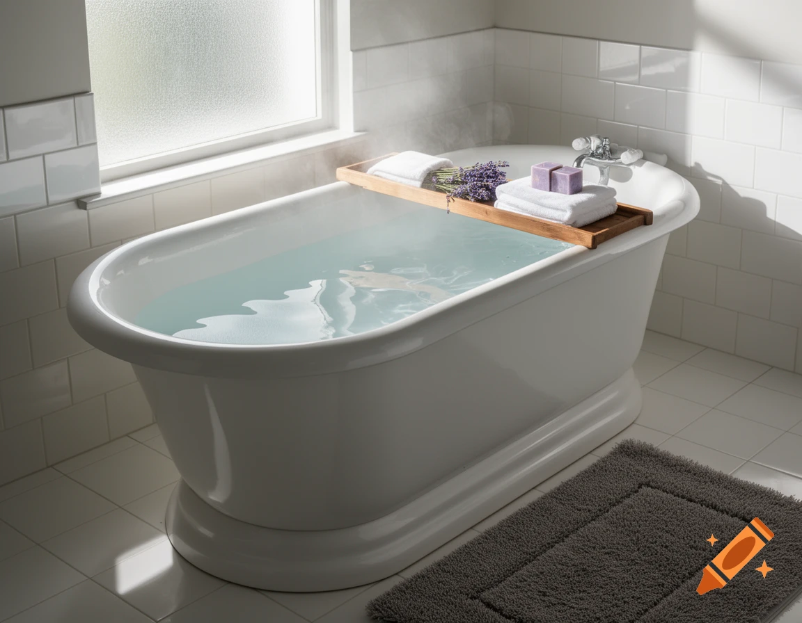 A white clawfoot bathtub filled with steaming water, a wooden tray with towels, lavender, and purple soap, in a bright tiled bathroom. Photorealistic style.