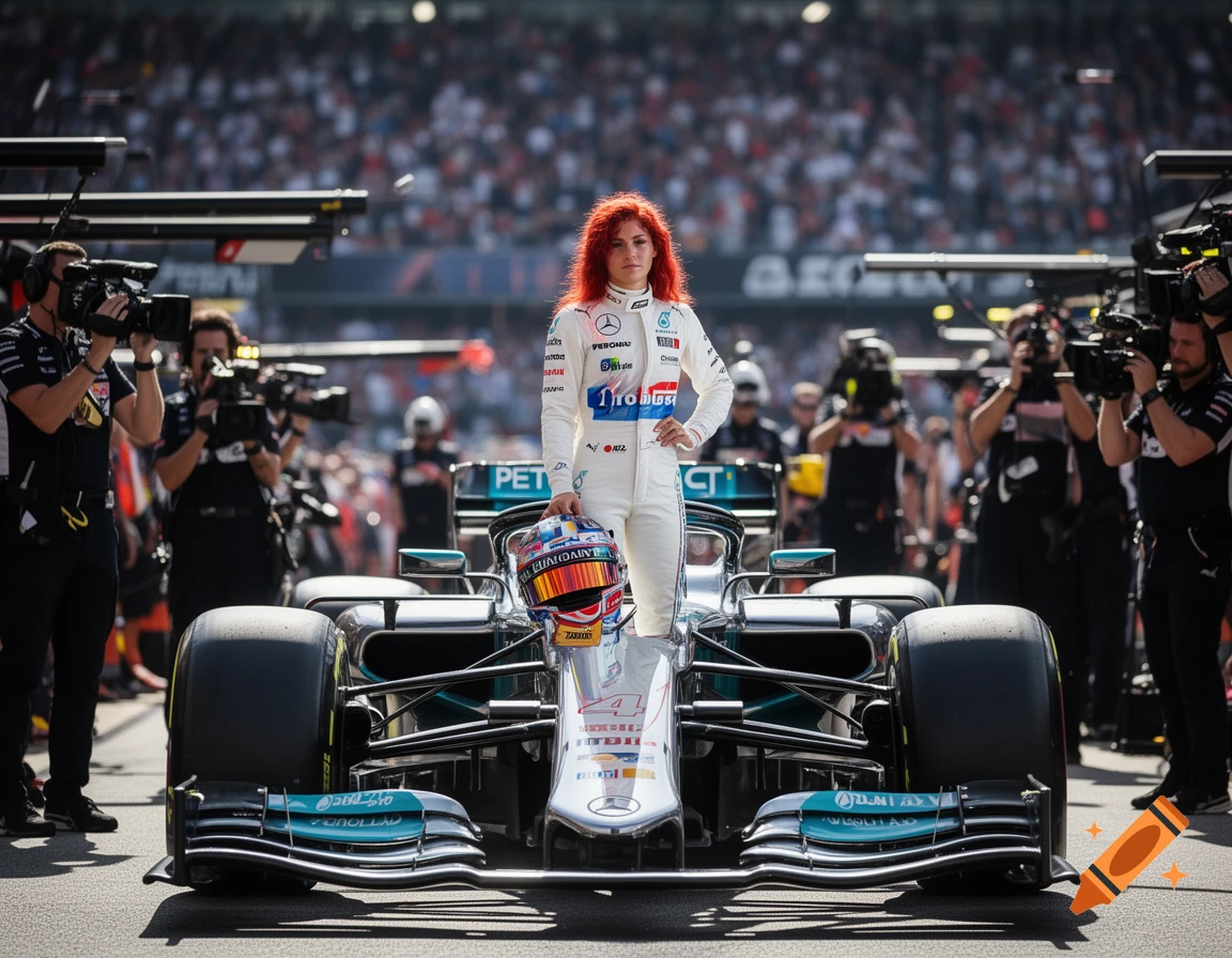 A red-haired female driver in a white racing suit stands proudly in front of a silver Formula 1 car on the track, with crowds in the background.