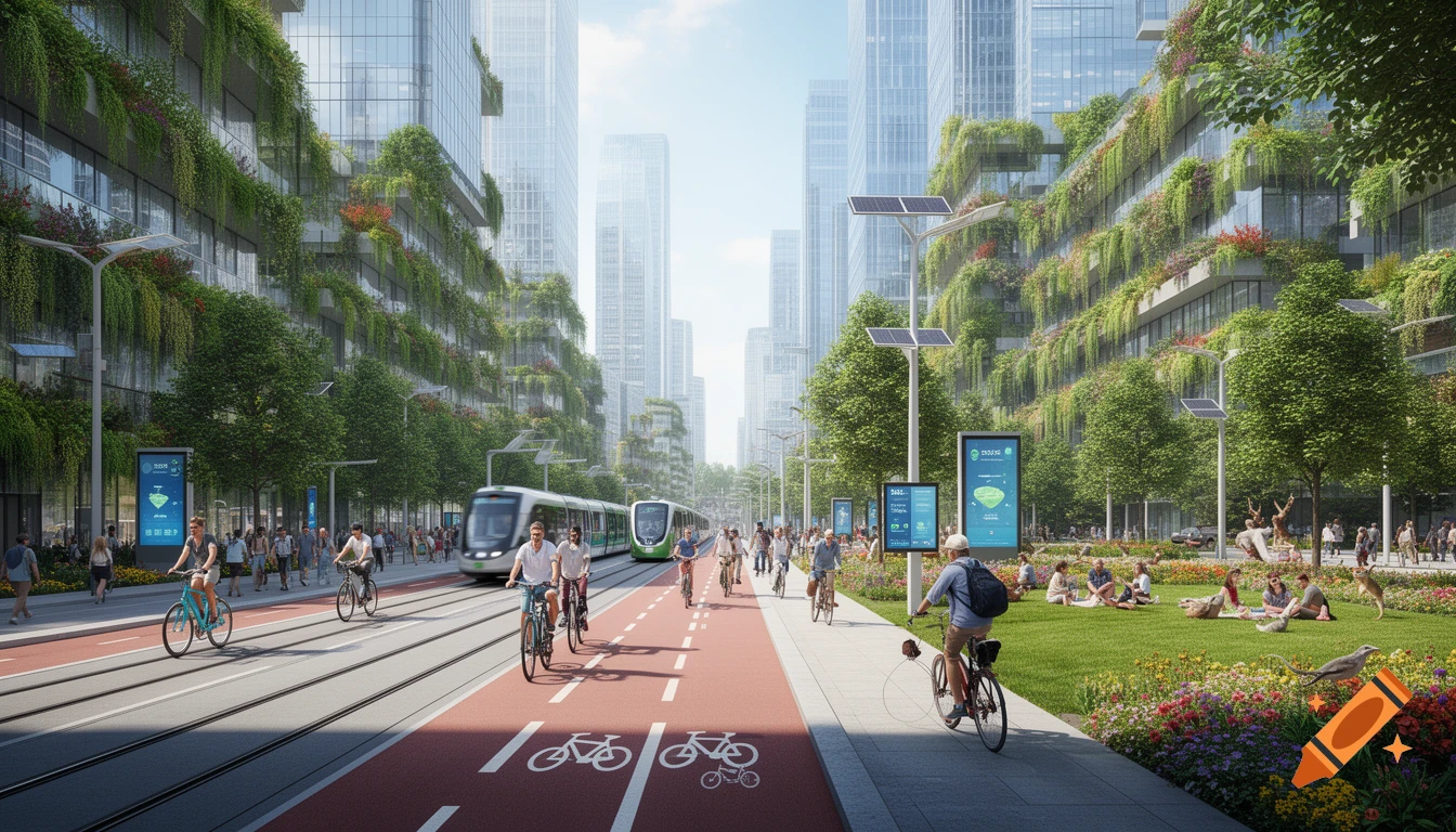 Photorealistic smart city in 2050, showing green buildings, bike lanes, trams, and people cycling and relaxing in a park.