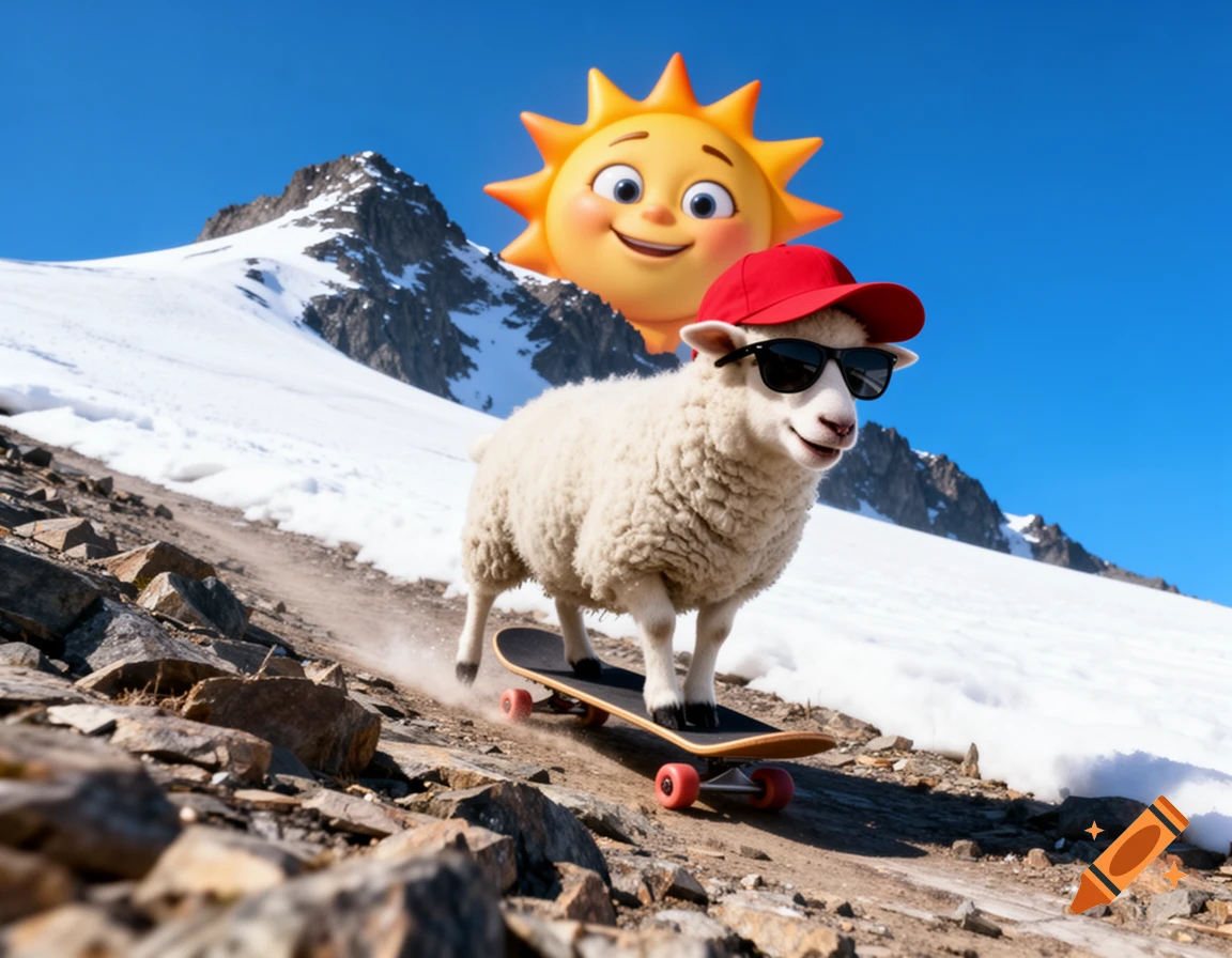 A white sheep wearing sunglasses and a red cap skateboards down a rocky, snowy mountain, with a smiling cartoon sun behind the peak under a blue sky.