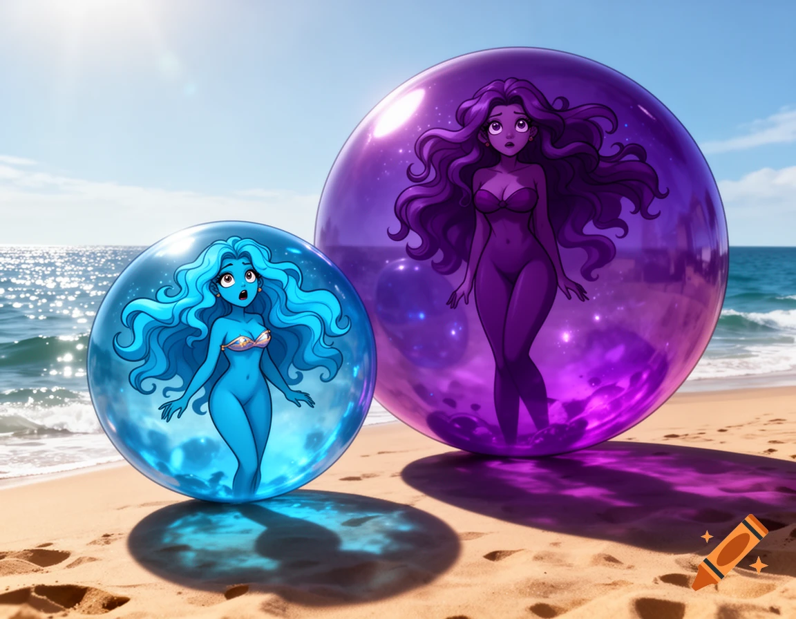 A stylized blue woman and a purple woman, both in swimsuits, are inside large translucent spheres on a sunny beach.