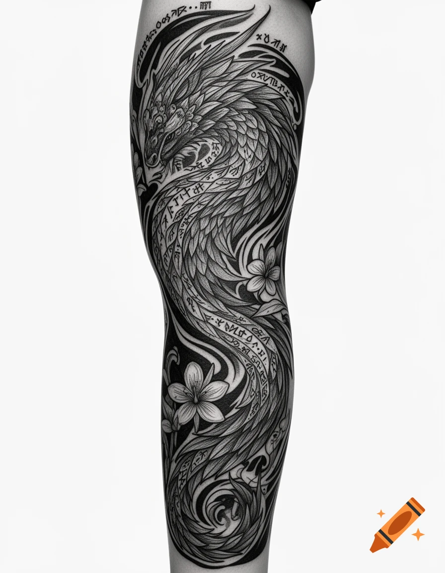 Detailed black and white tattoo of a winged fantasy creature, intertwined with flowers and decorative runes, on a person's leg.