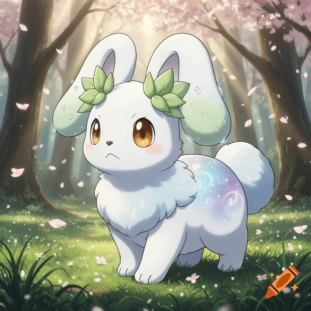 A cute, white, rabbit-like creature with green leaf accents on its large ears and a sparkling, rainbow-colored pattern on its back, standing in a cherry blossom forest in an anime style.