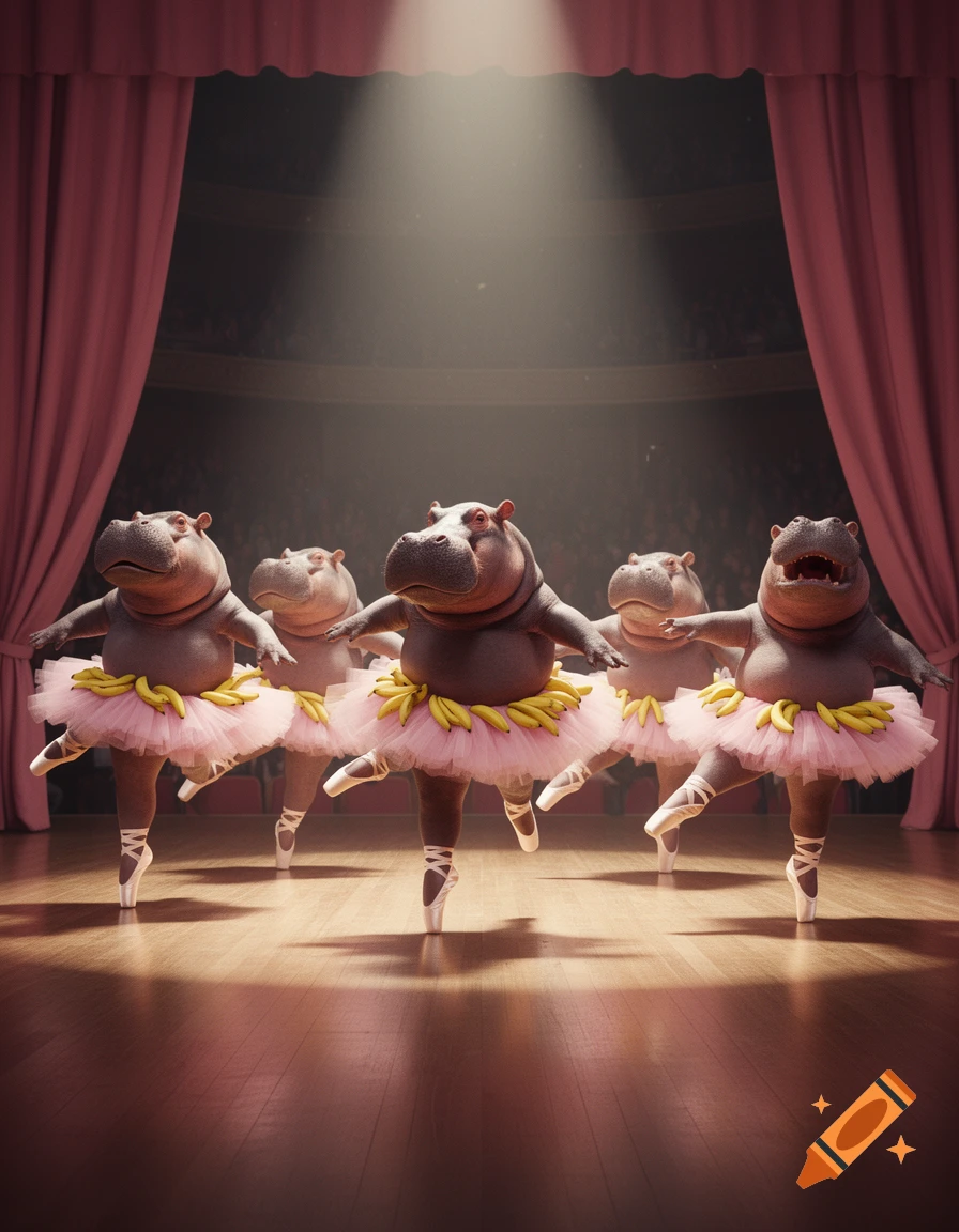 Five anthropomorphic hippos in pink tutus with banana skirts perform ballet en pointe on a spotlighted stage with red curtains.