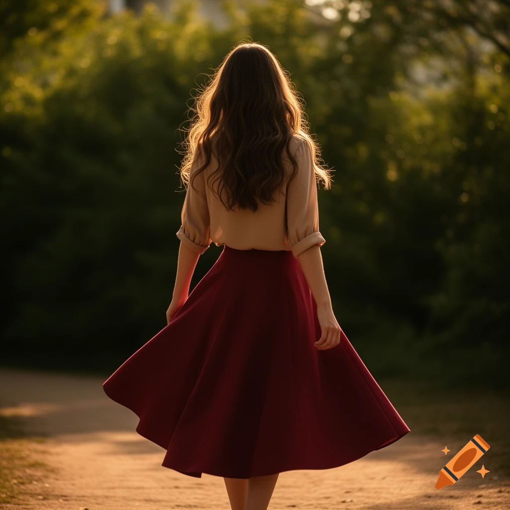 A woman with long wavy hair, wearing a beige blouse and a flowing maroon skirt, walks away on a sunlit dirt path through green foliage.