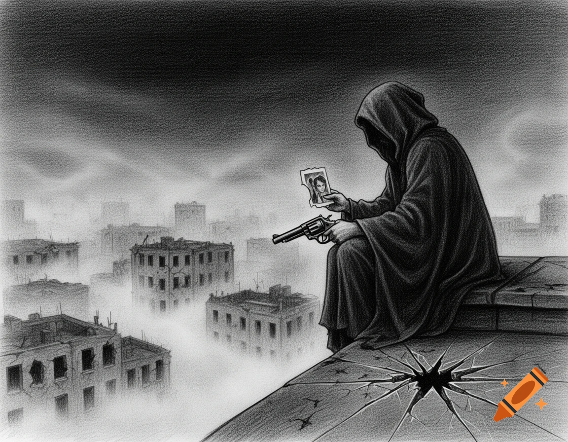 Black and white pencil drawing of a hooded figure on a ruined rooftop, holding a pistol and a torn photo, overlooking a foggy, desolate city.
