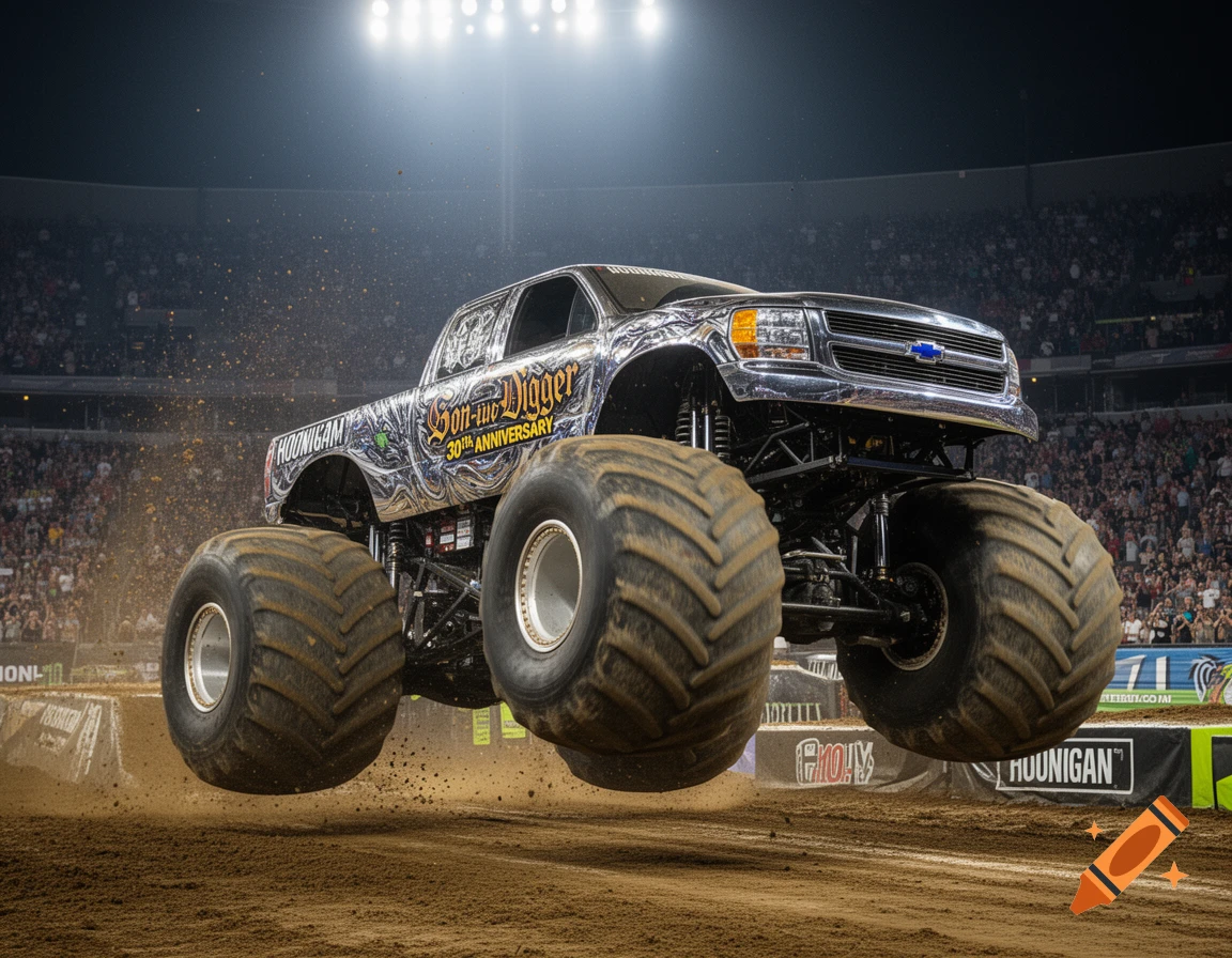 A chrome monster truck named 'Son-uva Digger' jumps over a dirt mound in a stadium, with dirt flying and a crowd watching.