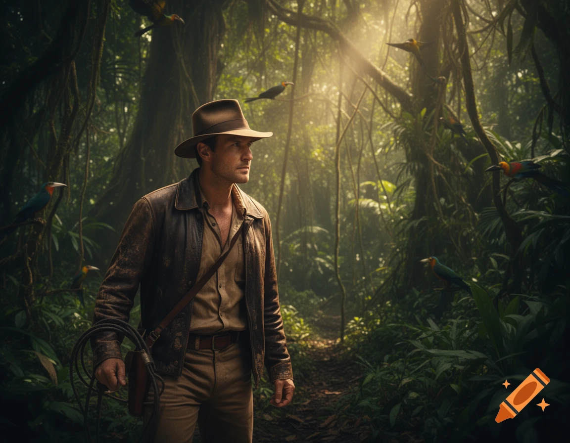 A man in a fedora and leather jacket holding a whip stands in a sunlit jungle with birds.
