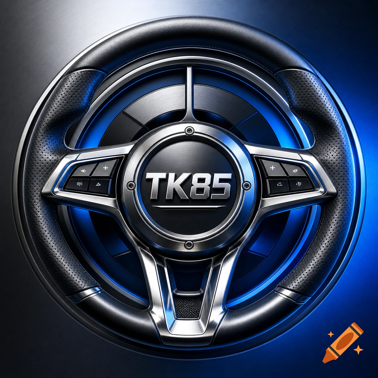 Close-up of a black and metallic car steering wheel with a prominent 'TK85' logo in the center, highlighted by blue light.