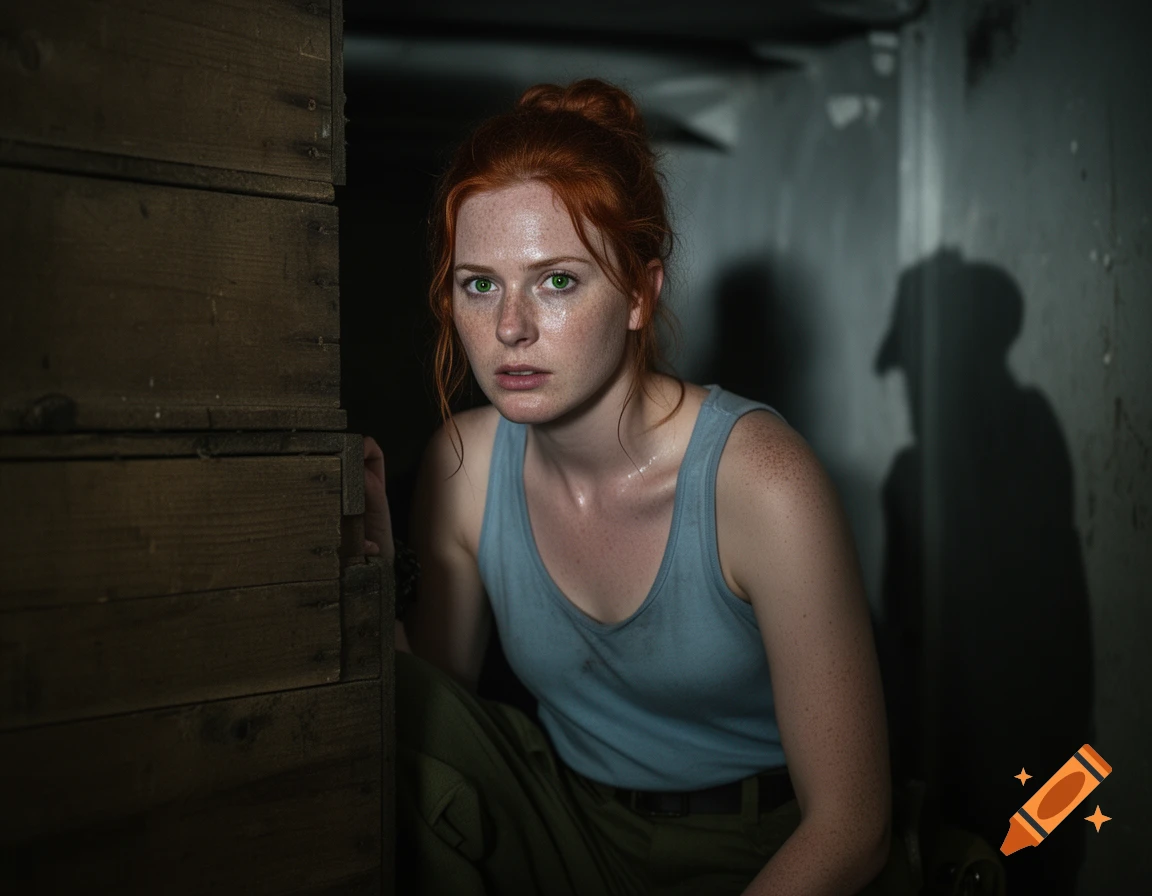 A distressed woman with red hair and green eyes, covered in freckles and sweat, hides behind wooden crates in a dark bunker.