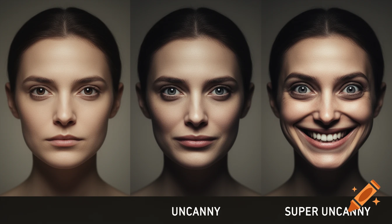 Three side-by-side female faces, progressing from normal to subtly uncanny to a widely grinning, super uncanny expression.