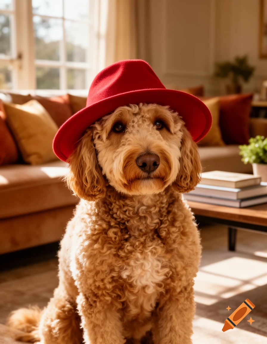 A golden labradoodle dog wearing a red fedora hat sits in a sunlit living room, looking directly at the viewer.