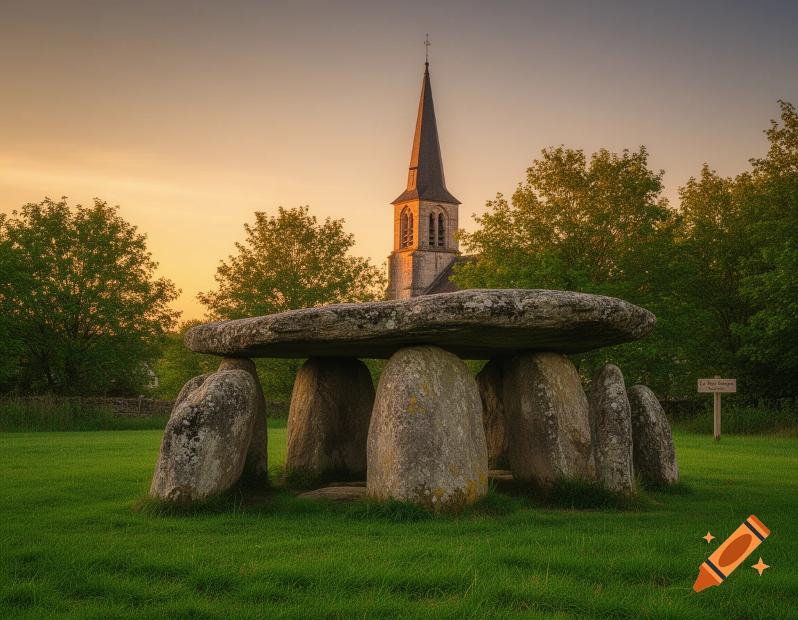 A megalithic dolmen in a grassy field, with an old stone church steeple and green trees in the background under a sunset sky.