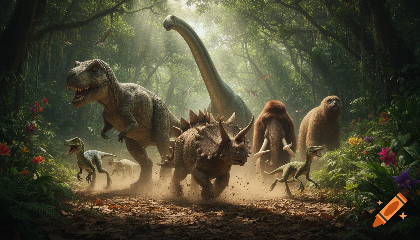Various dinosaurs and prehistoric animals, including a T-rex, triceratops, brachiosaurus, mammoth, and ground sloth, run through a sun-dappled jungle.
