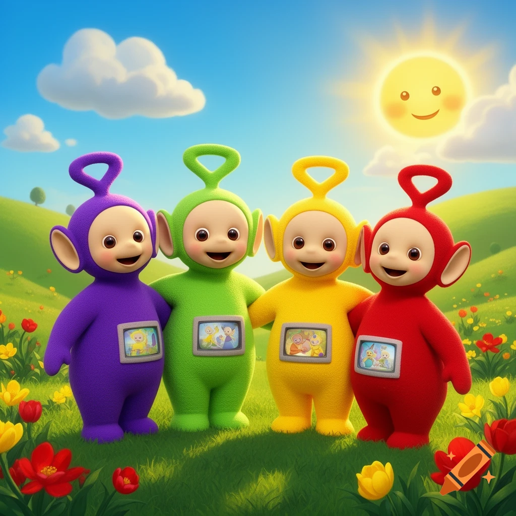 Four colorful Teletubbies stand in a vibrant green meadow with flowers under a blue sky and a smiling sun, in a cartoon style.
