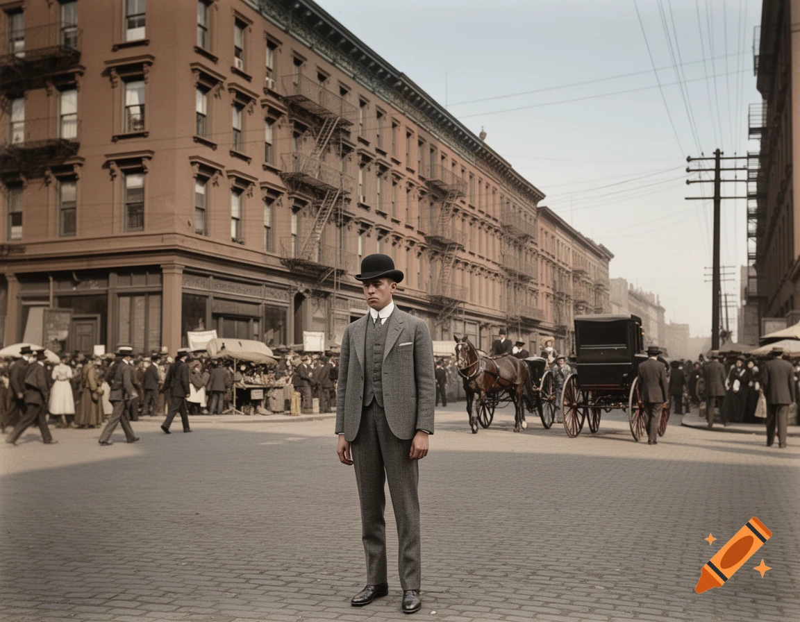 A man in a suit and bowler hat stands in the middle of a bustling early 20th-century city street with people and horse-drawn carriages.