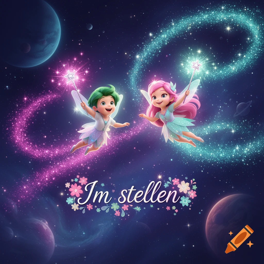 Two cheerful cartoon fairies, one with green hair and one with pink hair, fly with sparkling wands in a cosmic space. Text: Im stellen.