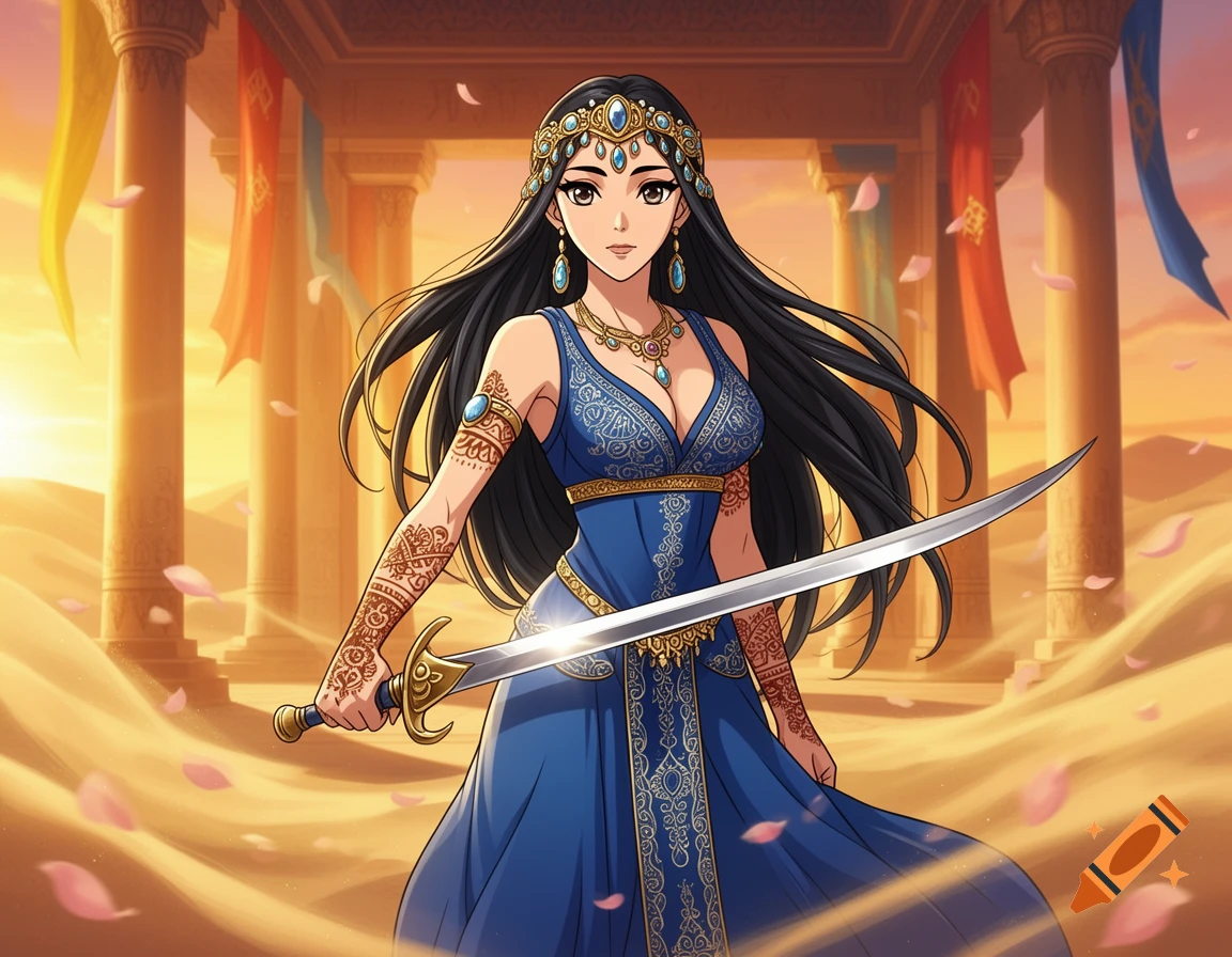 Anime-style woman in a blue dress and elaborate headpiece, holding a sword in a desert setting with ancient ruins.