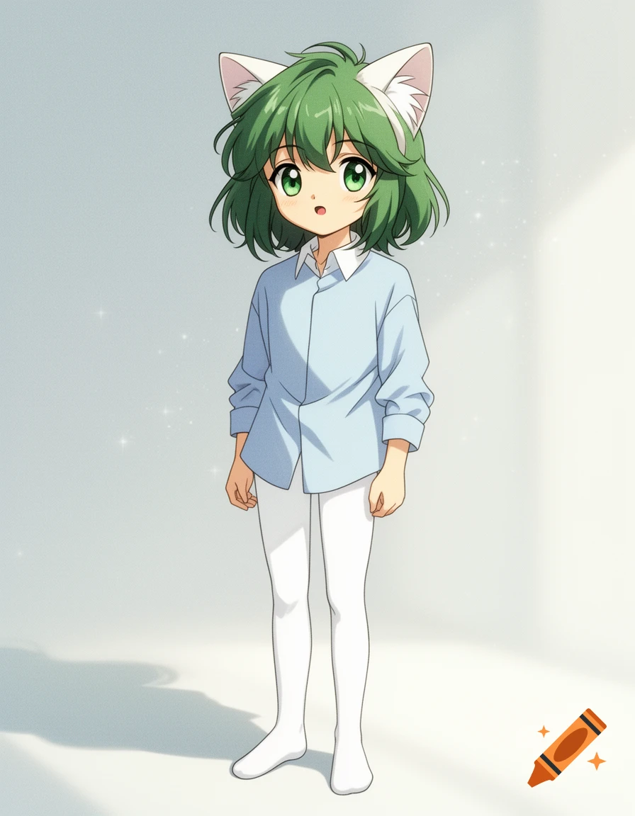 Anime boy with green hair, green eyes, and white cat ears, wearing a light blue shirt and white leggings.
