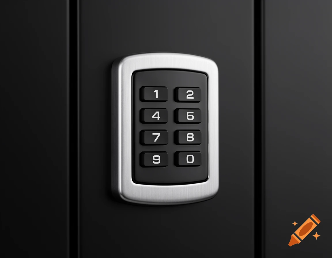 Photorealistic digital art of a silver and black electronic keypad lock on a dark surface.
