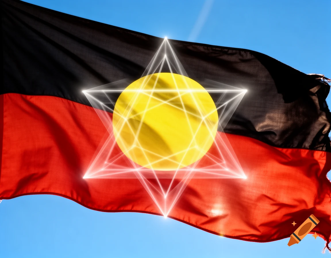 Aboriginal flag, black and red with a yellow circle, overlaid by a glowing white Merkaba symbol against a blue sky.