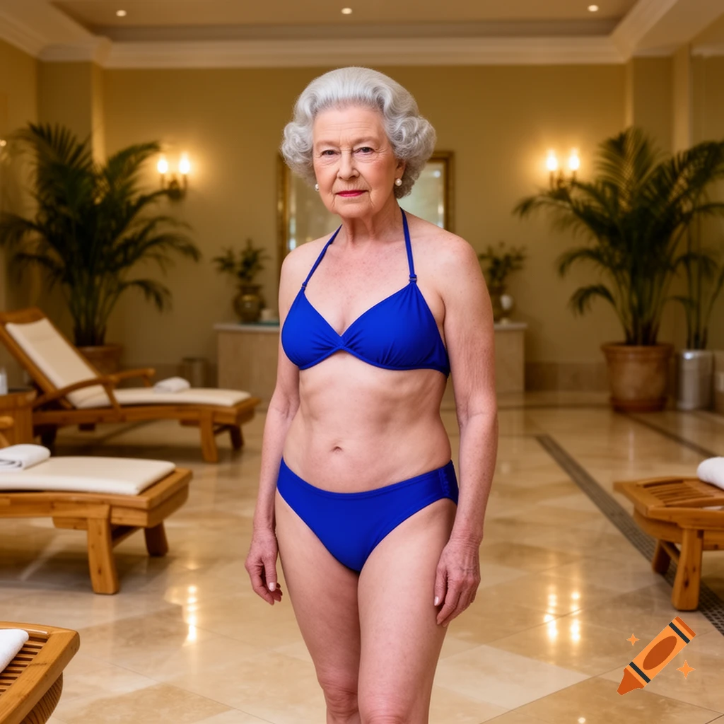 Photorealistic portrait of Queen Elizabeth II standing in a blue bikini in an indoor spa setting.