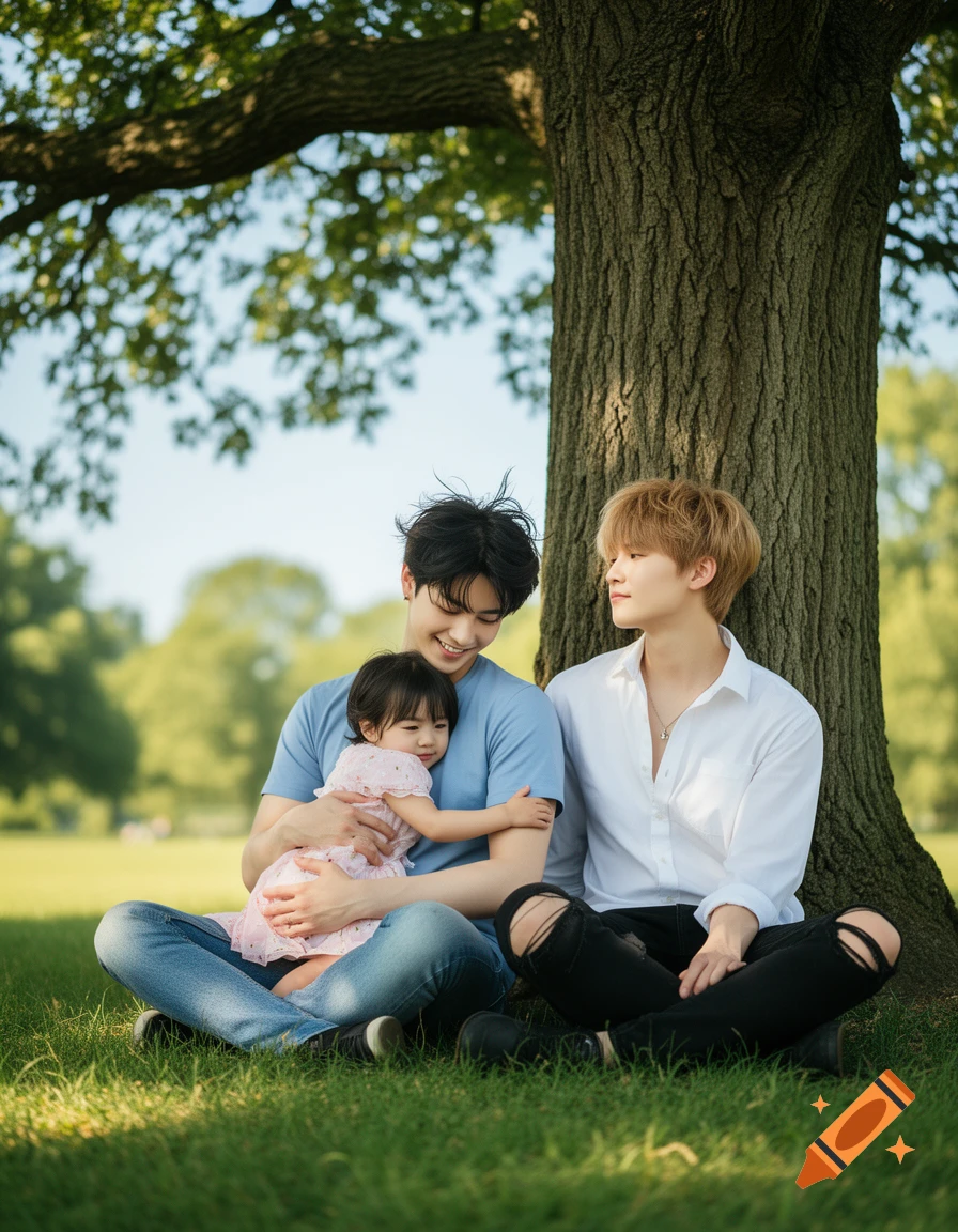 Two men and a small child sit on green grass under a large tree in a sunny park.