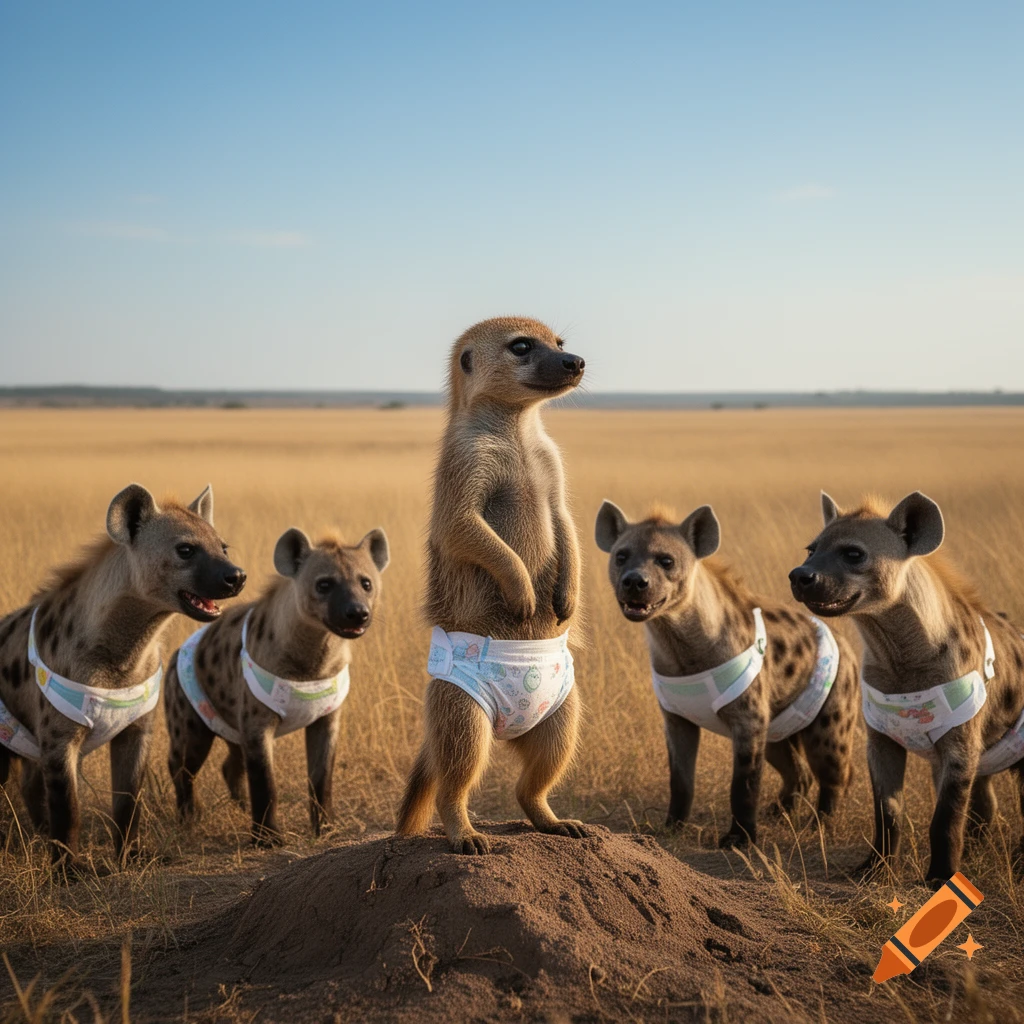 A meerkat stands on a mound with four hyenas, all wearing patterned diapers, in a sunlit savanna.