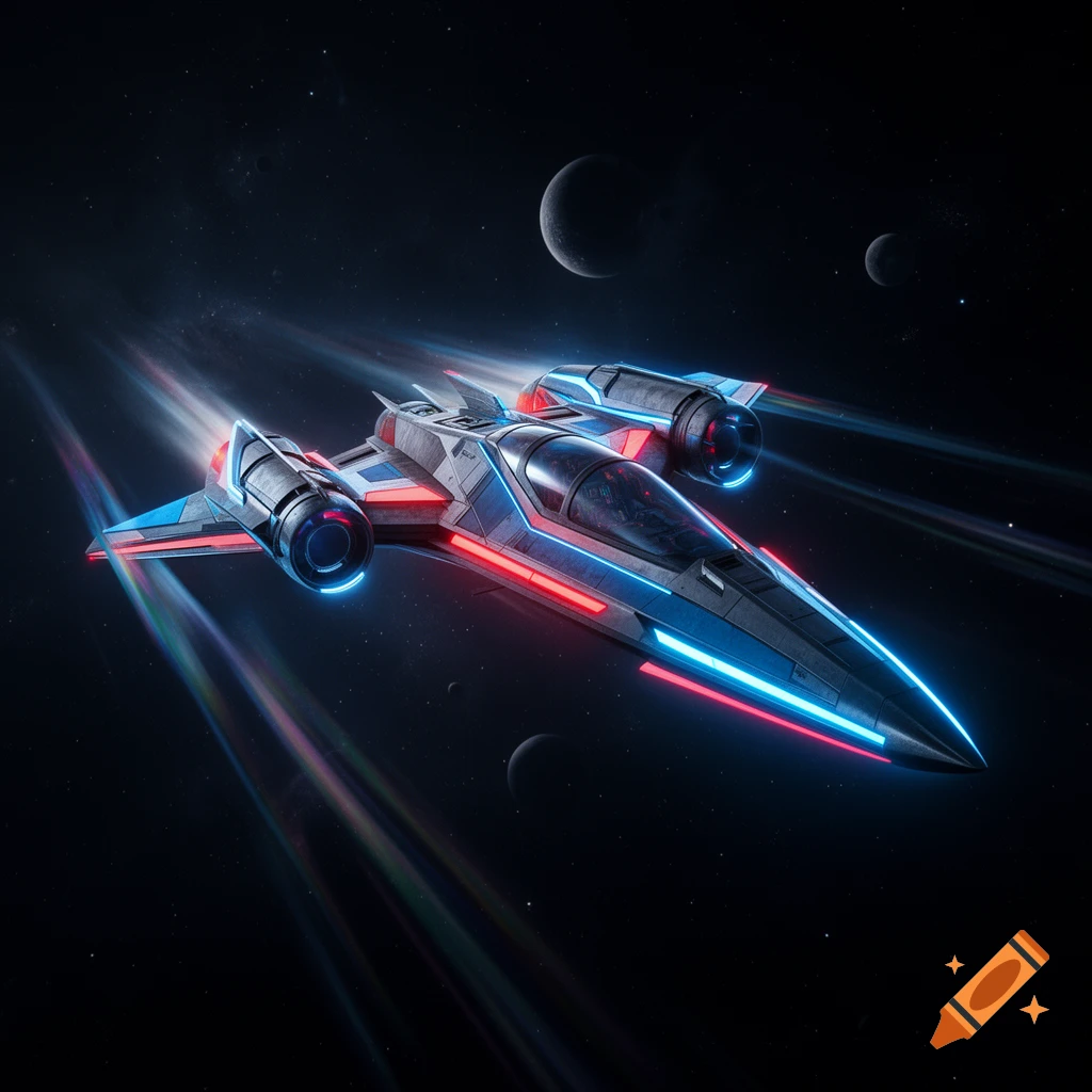 Futuristic angular space fighter with glowing blue and red accents streaks through dark space with distant planets.