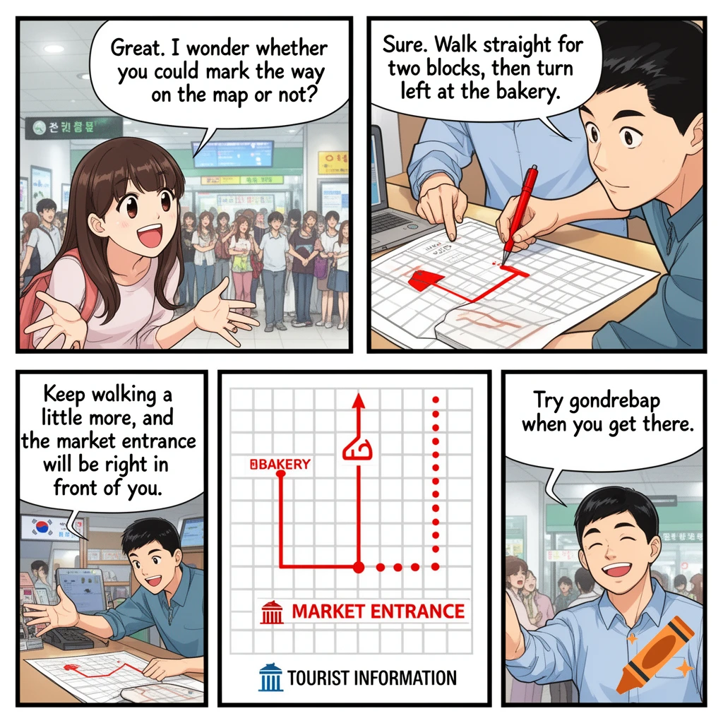 A 5-panel manga comic where a female tourist asks a male staff member for directions, who then shows her the route on a map and suggests a local dish.